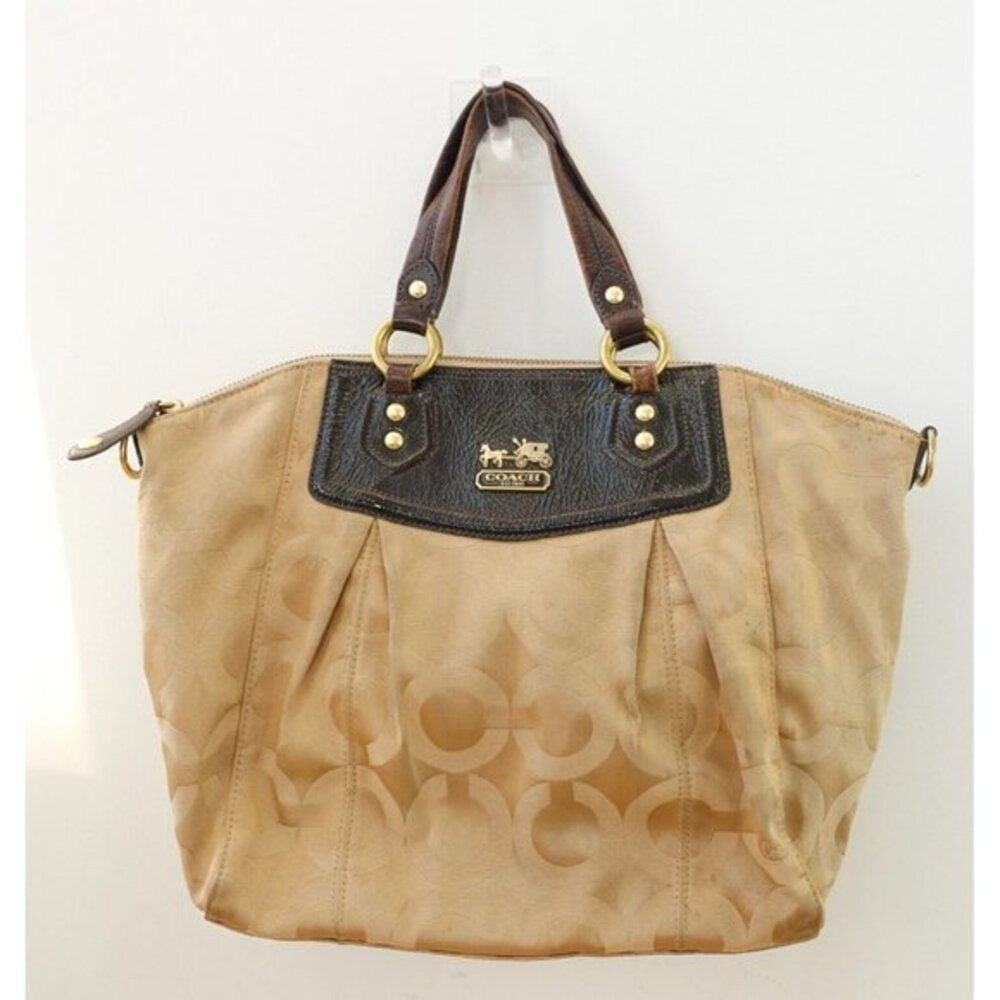 COACH Bag Leather Brown Satchel Tote Madison‎ Purse OP Art Logo Canvas Claire